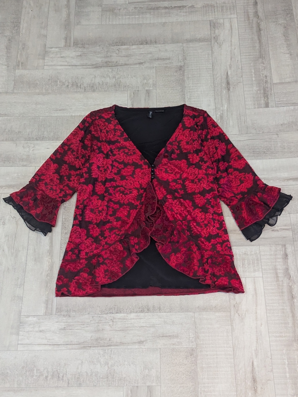 Y2K Black Red Rose Velvet Burnout Ruffle Blouse Whimsigoth Romantic Vampy PM
